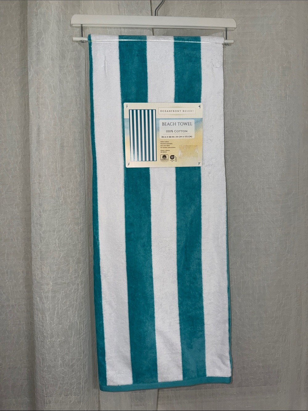 Teal Green White Cabana Stripe Large Cotton Beach Towel